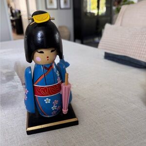 Blue Kokeshi Doll with Pink Umbrell World Market 2012